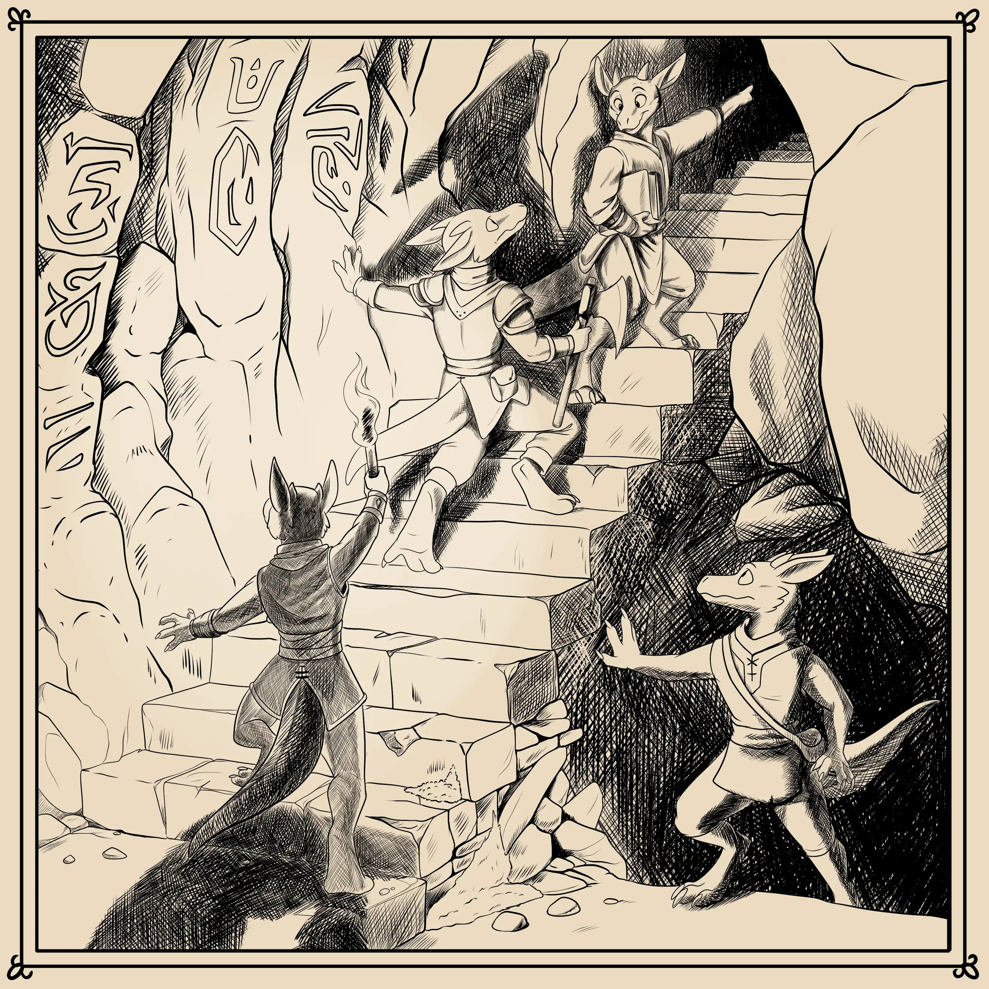[A group of Kobolds climbing some stone stairs.]